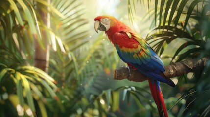 Obraz premium Beautiful exotic parrot in the middle of a tropical rainforest