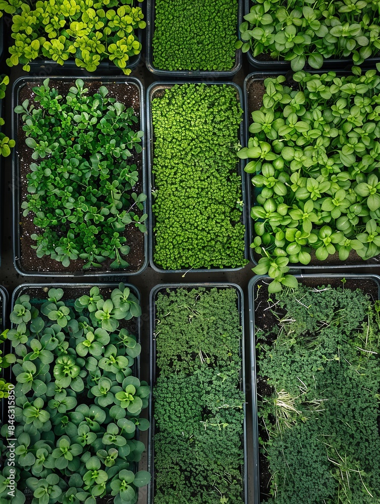 Poster A top-down view of a microgreen farm with rows of trays filled with various types of microgreens. Generative AI