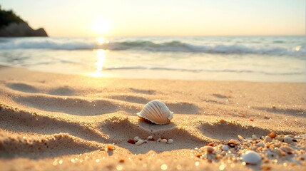 A simple composition of a single seashell on a smooth, sandy beach, with gentle waves in the background. 2