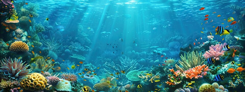 Beautiful underwater scene with many different types of fish and coral. The colors are vibrant and the sunlight is shining through the water, creating a peaceful and serene atmosphere