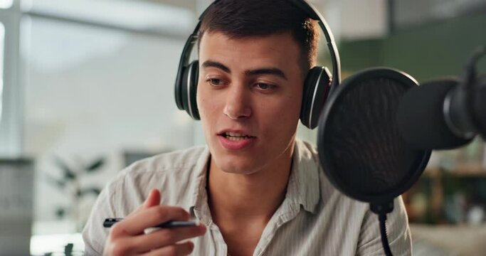 Podcast, podcaster and laptop in house with headphones for social media, vlogging and content creation. Man, microphone and live stream in home with technology as influencer for online talk show