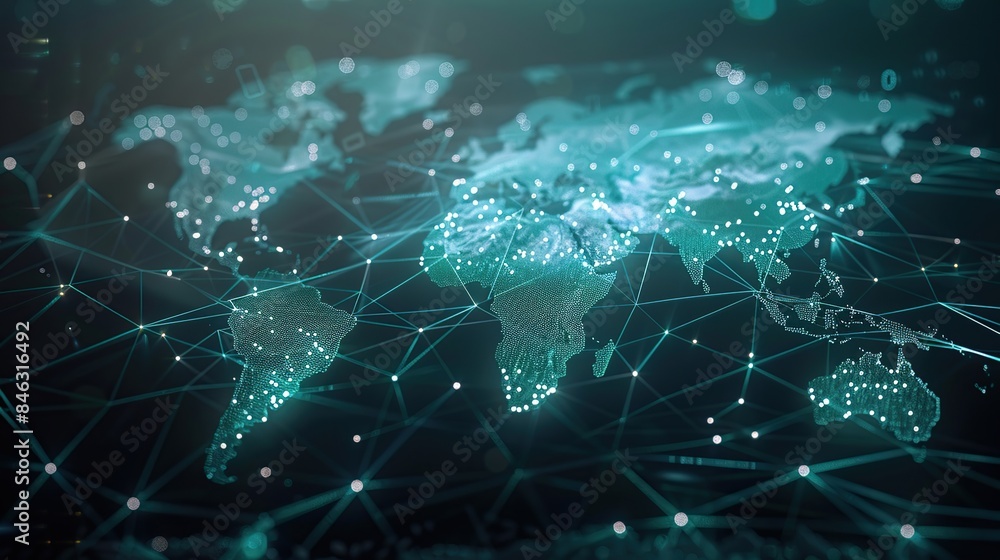 Poster world map with virtual network connections lines connecting continents. concept of connectedness, co
