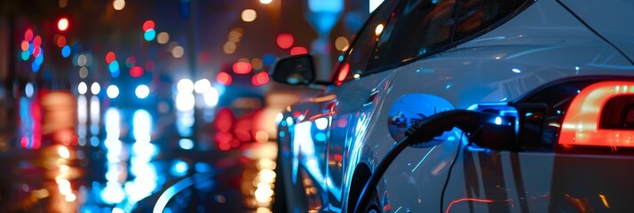 A sleek electric car is charging on a rainy night in the city, reflecting the streetlights with a futuristic glow, showcasing modern urban technology and ecofriendly transportation