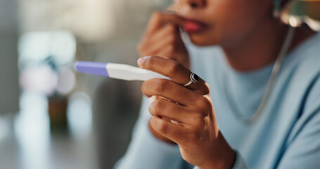 Stress, check pregnancy test and hands of woman for infertility crisis, anxiety and bad news in...