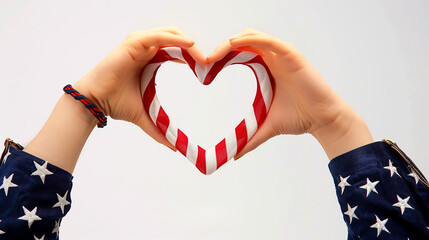 Heart-shaped hands encircling an American flag, shown against a straightforward white background.