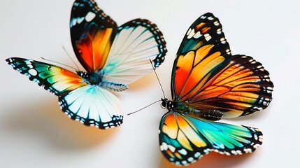 Two brightly colored butterflies displayed against a white surface, their wings catching the light beautifully.