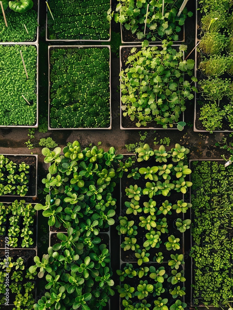 Poster A top-down view of a microgreen farm with rows of trays filled with various types of microgreens. Generative AI