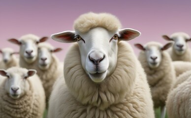 A white sheep with a pink background looks at the camera with a curious expression.