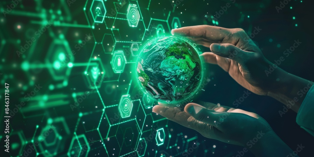 Aufkleber Digital innovation hands holding virtual globe with technology overlay symbolizing global connectivity and future technology. Represents digital transformation and innovation in the digital age