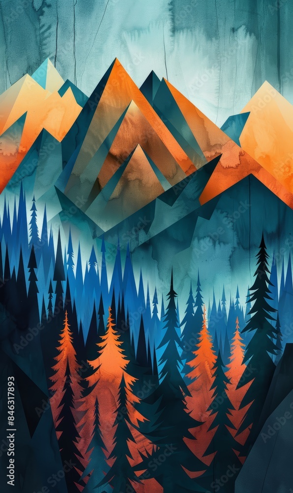 Aufkleber vibrant geometric landscape with triangular mountains and trees generative ai