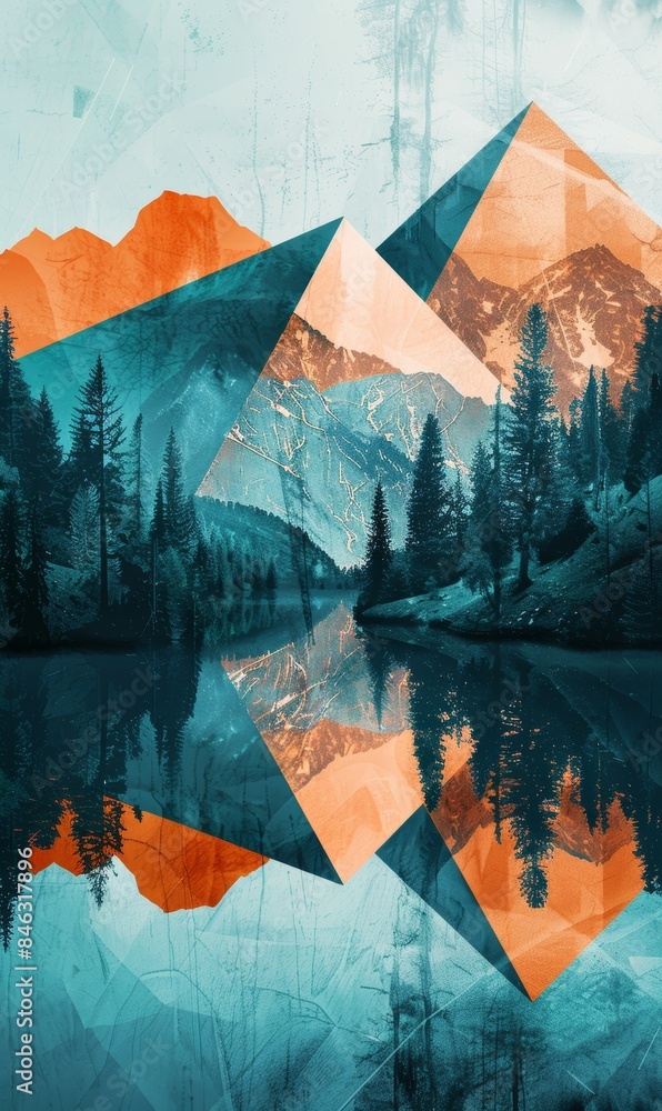 Aufkleber vibrant geometric landscape with triangular mountains and trees generative ai