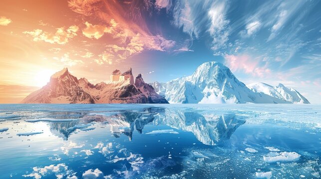 Climate change timeline, transitioning from summer to winter, visualizing temperature shifts, melting ice, and seasonal anomalies