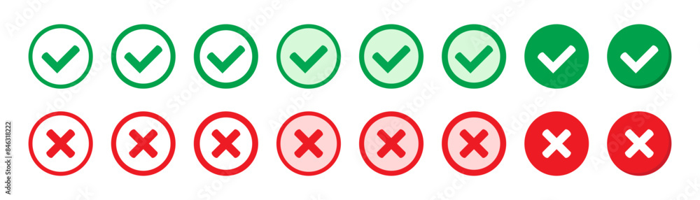 Aufkleber right or wrong icons. green tick and red cross checkmarks. yes or no symbol, approved or rejected ic