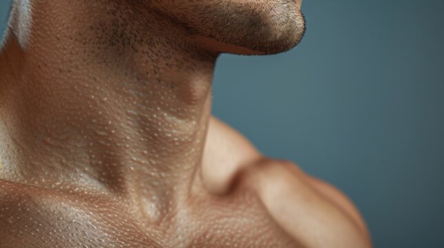 Close-up of chest hair removal treatment, smooth skin after removal, isolated background, studio lighting, professional and clean