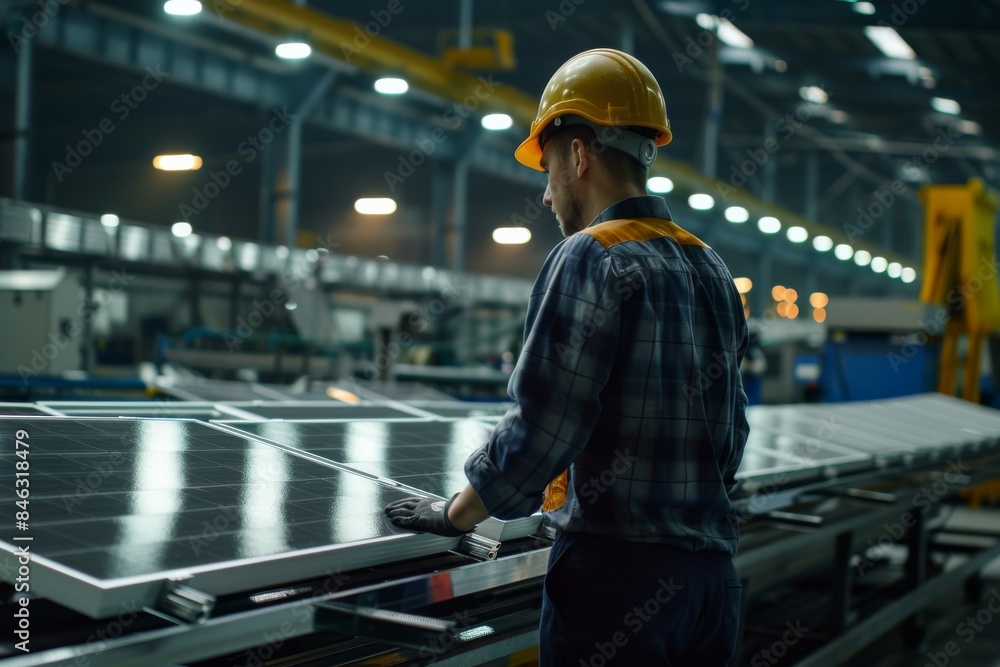 Poster in a manufacturing setting, a worker is tasked with assembling solar panels on a production line to 
