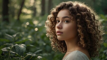 A young woman with curly hair in a natural setting