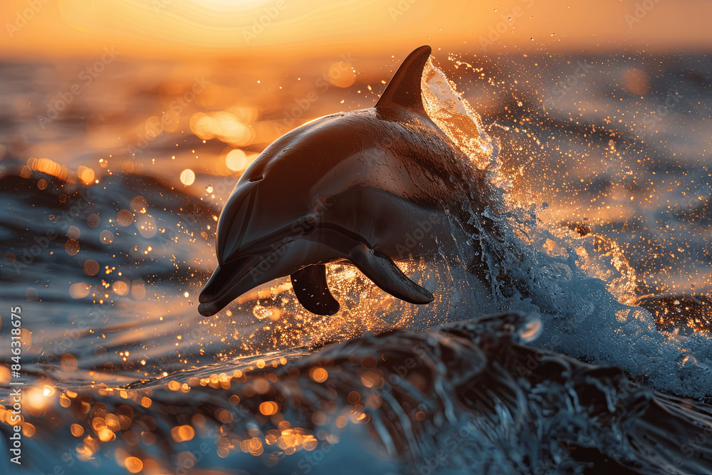 Wall mural Majestic dolphin leaping out of the water at sunset, creating a stunning and dynamic wildlife photography composition