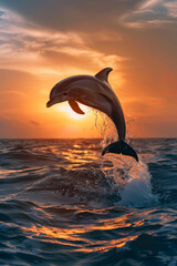 Obraz premium Majestic dolphin leaping out of the water at sunset, creating a stunning and dynamic wildlife photography composition