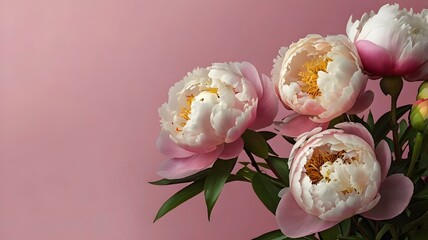 Beautiful peonies arranged elegantly on a bright, smooth pink background
