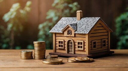 A wooden house figurine placed on a sturdy wooden board, with stacks of coins neatly arranged nearby