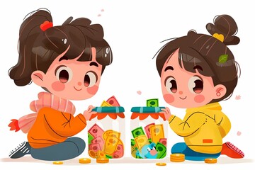 An adorable illustration that shows two cute cartoon female children's generousness by sharing some dessert in a candy jar with each other happily.