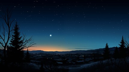 Fototapeta premium Serene Nighttime Village Landscape with Starry Sky and Silhouetted Trees