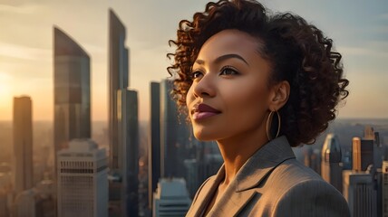 Photograph of a happy, wealthy, and successful black businesswoman standing confidently on a street lined with modern skyscrapers during sunset