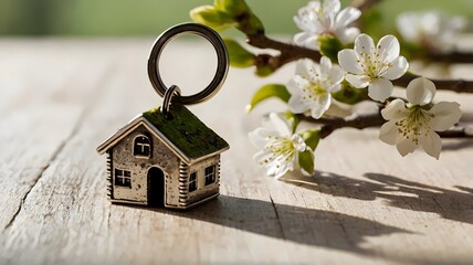 Photograph a key ring with a house-shaped charm hanging delicately from a blooming branch