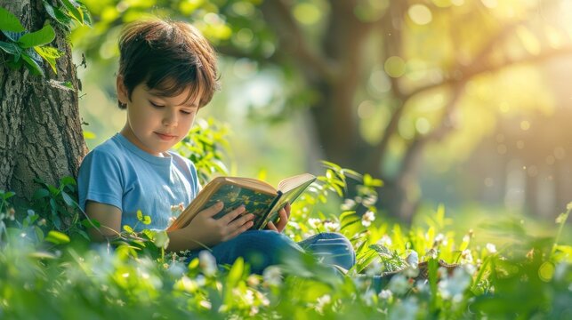A young boy is sitting in the grass reading a book. The boy is wearing a blue shirt and jeans. The scene is peaceful and relaxing, with the boy enjoying his time reading in the outdoors