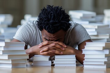 A young student rests their head on their arms, face down on a pile of books, seemingly exhausted after a long study session