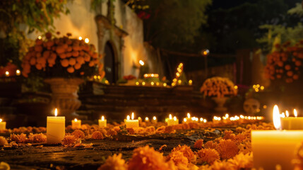 Nighttime scene with candles and marigold decorations for the Day of the Dead Festival