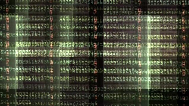 Computer system data errors caused by hacking, Green binary code on a computer screen visualizes digital information flow