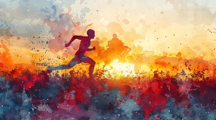 Naklejka premium Determined Runner Silhouette Surging Through Vibrant Watercolor Sunrise Landscape
