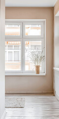 Window in an empty room with neutral tones. Home interiors with copy space.