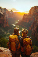Couples Adventure Backpacking in Breathtaking Mountain Landscape at Sunrise Unforgettable Journey in Nature's Splendor