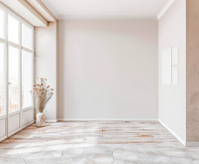 Obraz premium Window in an empty room with neutral tones. Home interiors with copy space.