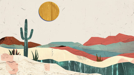 cactus plants and sunset in Mexico desert, art collage style poster, retro, vintage, old fashioned, bright colors