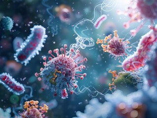 A visual narrative on infection control featuring a close-up of combating airborne pathogens using Sharp-edge CG 3D techniques