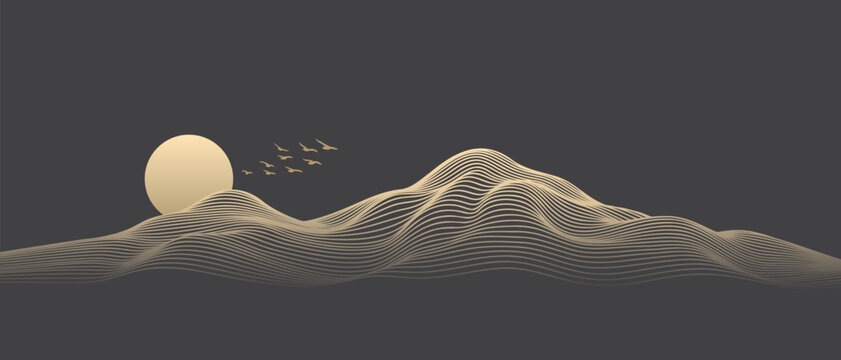 Vector abstract art landscape mountain with birds and sunrise sunset by golden line art texture isolated on dark grey black background. Minimal luxury style for wallpaper, wall art decoration.