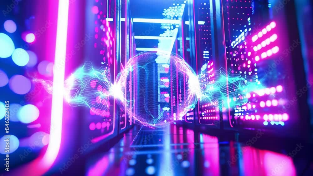 Poster data center with a row of computer servers. abstract generic concept of cyberspace, communication an