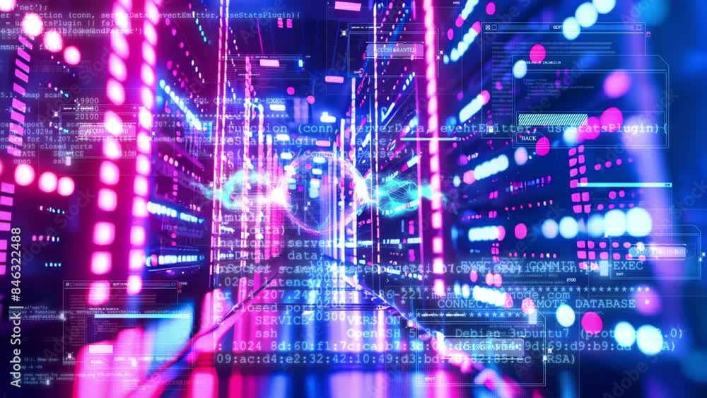 Poster data center with a row of computer servers. abstract generic concept of cyberspace, communication an