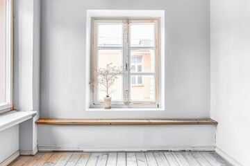 Window in an empty room with neutral tones. Home interiors with copy space.