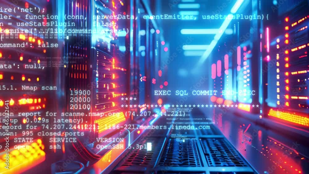 Poster data center with a row of computer servers. abstract generic concept of cyberspace, communication an