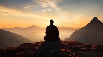 silhouette of a monk in a yoga pose doing Zen meditation on a high mountain peak at sunset. The monk is wearing robes and his head is shaved.