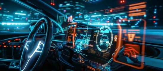 The Autonomous Vehicle Dashboard in Nightcity combines holographic displays and a hightech interface, with futuristic design and innovative concepts, in a cityscape lit by neon lights