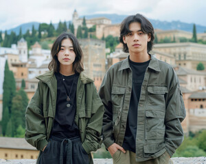 Fototapeta premium Young Couple Exploring Scenic Historical Site, Lush Greenery and Ancient Architecture in Beautiful Travel Destination