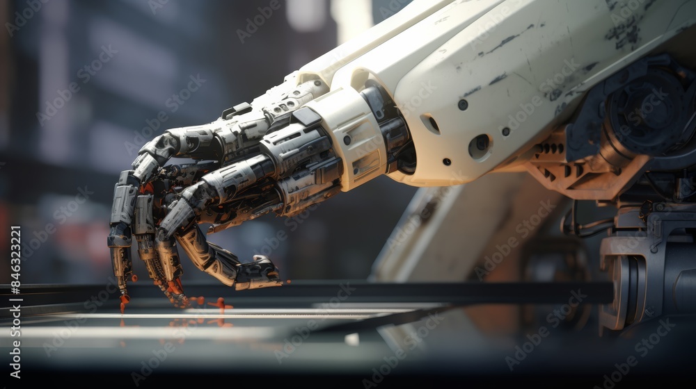 Poster a sleek, humanoid robot arm gently assembling a complex machine, showcasing the precision and capabilities of robotics.