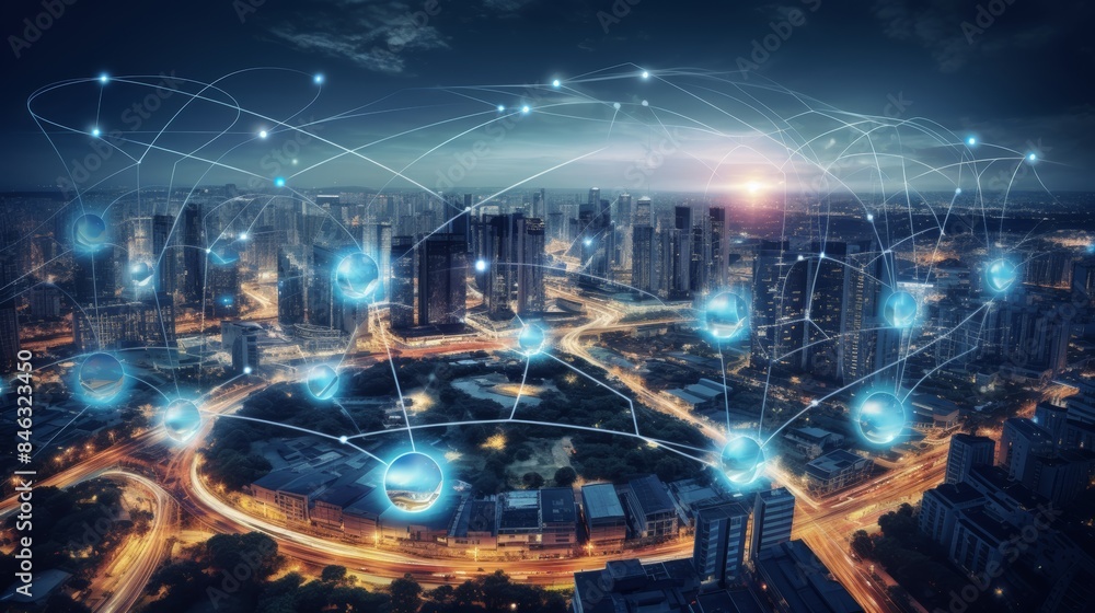 Aufkleber smart city interconnected through IoT devices, demonstrating the integration of technology into everyday life and the potential for enhanced efficiency and productivity in businesses.