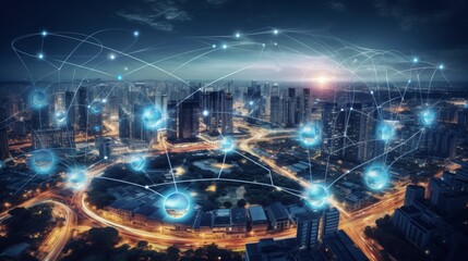 Fototapeta premium smart city interconnected through IoT devices, demonstrating the integration of technology into everyday life and the potential for enhanced efficiency and productivity in businesses.