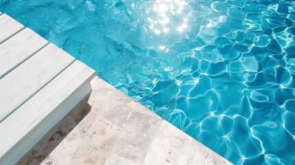 Beautiful view of swimming pool side with clear blue water with sunlight reflections on wave. Summer vacation concept background